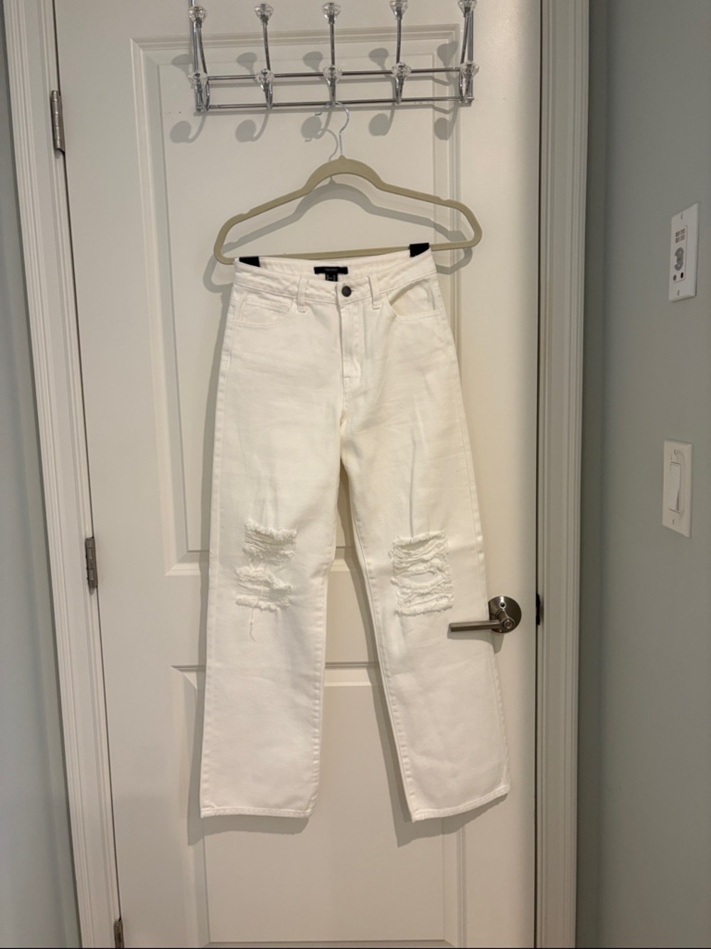 White Distressed High-Rise Straight Jeans - Women